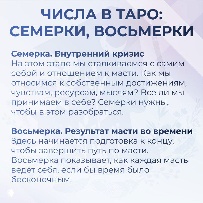 Инфографика: семёрки и восьмёрки в Таро — внутренний кризис и результат масти во времени; пояснения, как числовая логика отражает развитие темы.