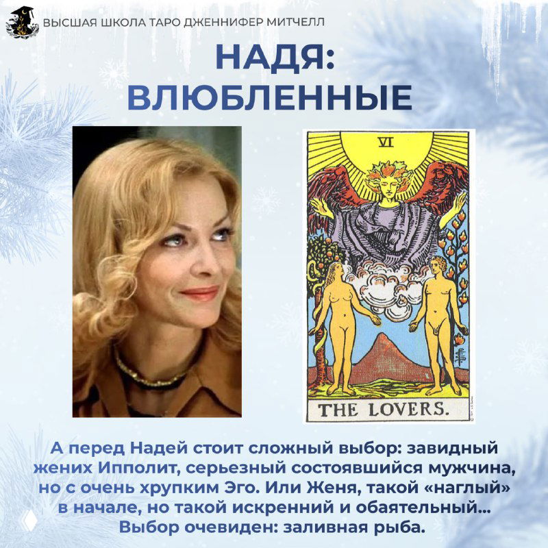 Коллаж: портрет персонажа фильма «Ирония Судьбы» рядом с картой Таро «Влюблённые», холодная цветовая гамма, акцент на выборе и взаимоотношениях.