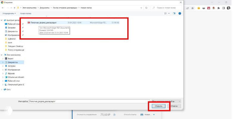 Окно проводника Windows с выбранным файлом скана декларации: процесс прикрепления PDF-файла к письму перед отправкой.