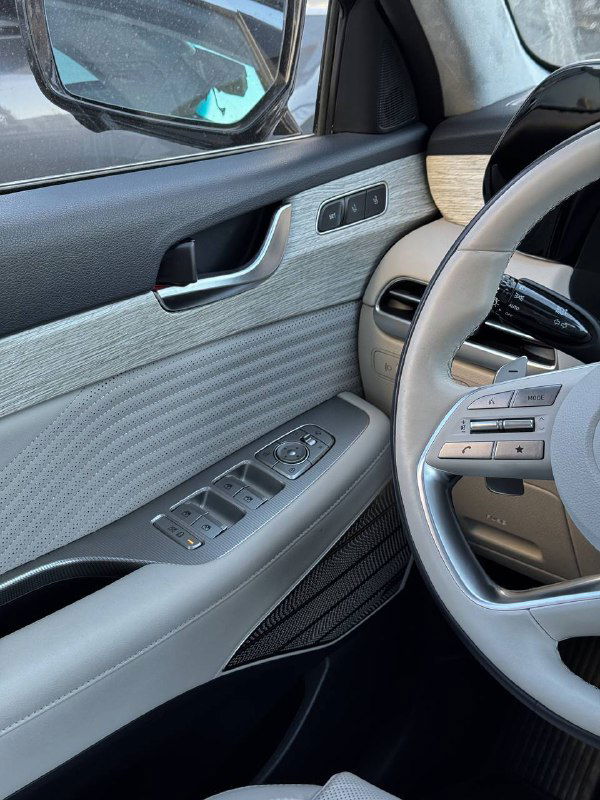 Дверная панель водителя Hyundai Palisade с элементами управления стеклоподъёмниками и декоративной светлой отделкой — снимок боковой части салона.