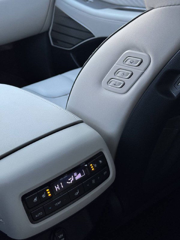 Панель управления и модуль климат-контроля для задних пассажиров в подлокотнике Hyundai Palisade — крупный план кнопок и индикаций температуры.