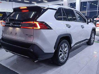 Вид сзади белого Toyota Wildlander 2020 в выставочном зале — заметны задние фонари, багажник и форма заднего бампера на общем плане.