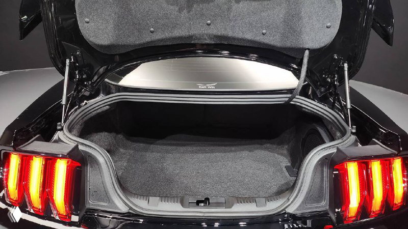 Открытый багажник Ford Mustang Coupe 2021 — вид внутрь грузового отсека, коврик багажника и состояние внутренней обшивки багажного отделения.