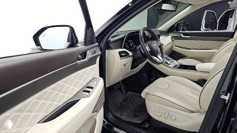 Крупный план водительской стороны и двери Hyundai Palisade: панели, карман в двери и элементы управления стеклоподъемниками и памятью сидений.