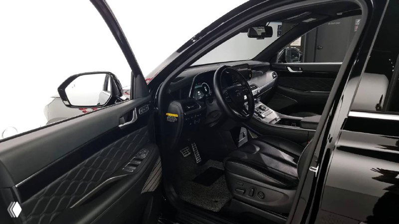 Ракурс на водительскую зону и дверной проём Hyundai Palisade: чёрный интерьер, сиденье и элементы управления, общий вид посадки водителя.