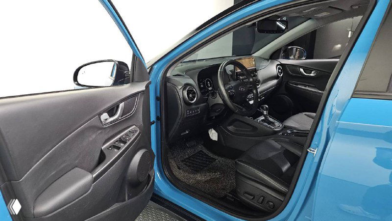 Вид водительской двери и места водителя Hyundai Kona — панель дверей, органы управления и посадочное место.