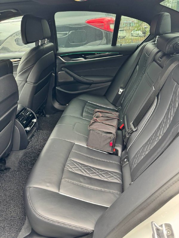 Задний ряд BMW 530i: кожаные сиденья, подголовники и пространство для пассажиров — вид с открытой двери, демонстрация свободного места и отделки