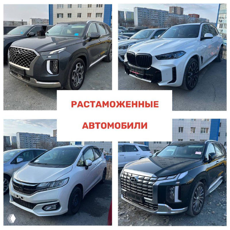 Серия снимков растаможенных авто разного класса: премиальные и массовые модели на одной площадке, заметна городская застройка на фоне.