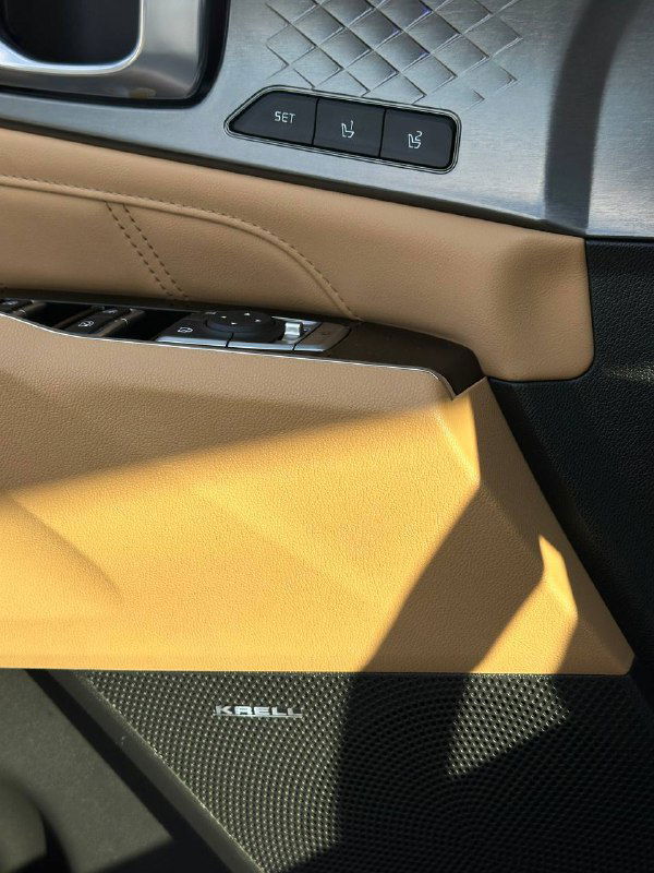 Дверная панель KIA Sorento с акустической решёткой BOSE и кнопками управления стеклоподъёмниками — крупный план отделки.