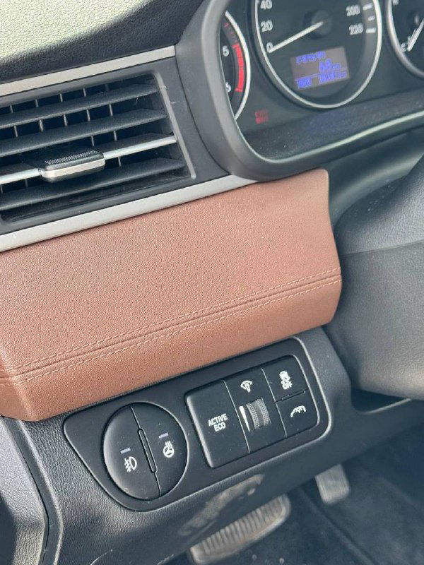 Фрагмент передней панели и блок управления функций автомобиля Hyundai Starex с кнопками подрулевых опций и декоративной отделкой коричневого цвета.