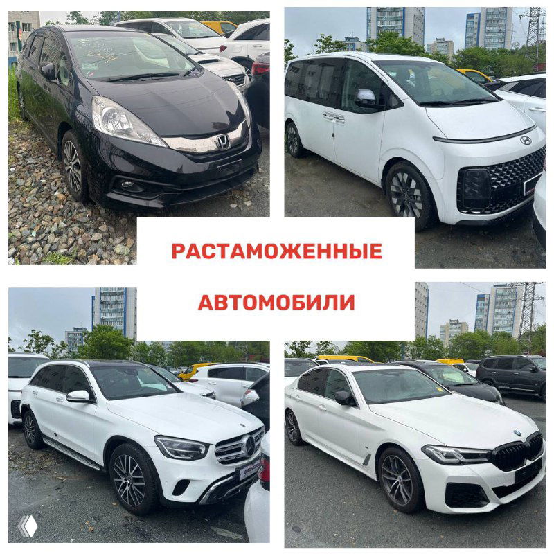 Коллаж: несколько растаможенных легковых машин разных брендов на парковке, видны белые и тёмные кузова и городской фон.