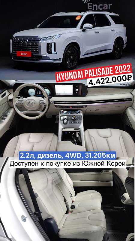 Коллаж Hyundai Palisade 2022 белый: внешний вид и светлый салон, пробег 31.205 км, цена 4.422.000₽, фото из корейской продажи.