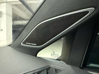 Крупный план динамика Harman/kardon на дверной панели Volkswagen Golf, видно фирменную маркировку и качество отделки аудиосистемы в премиум-комплектации.