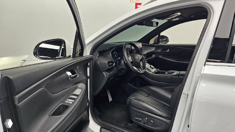 Фотография открытой водительской двери и сиденья Hyundai Santa Fe Calligraphy 2020, видно отделку дверной карты, электроприводы и салон в профиль.
