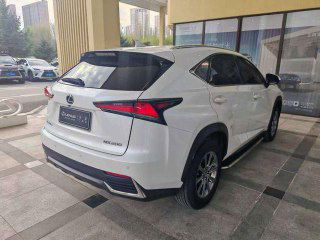 Задняя часть белого Lexus NX200, фото с парковки дилера; видно багажник, фонари и общий профиль автомобиля.