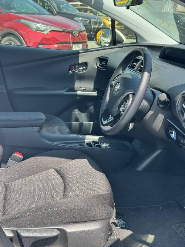 Вид на водительское место и переднее пассажирское кресло Toyota Prius: обивка сидений, дверная панель и подлокотник.