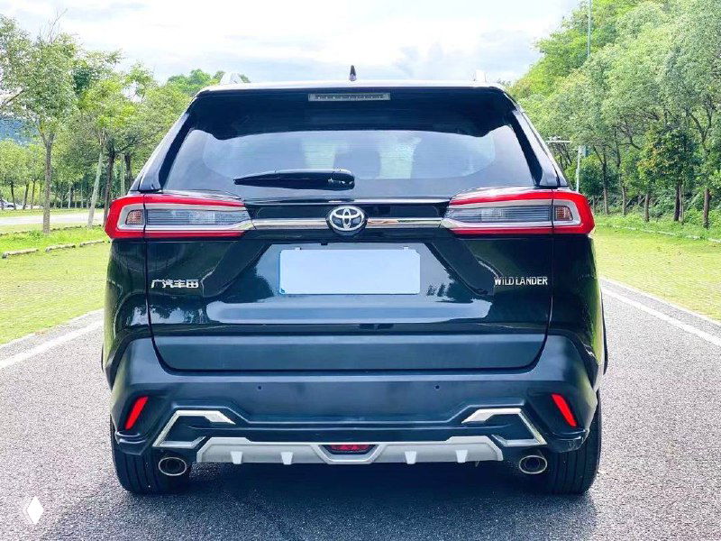 Задний вид Toyota Wildlander: чёрный кроссовер на дороге, видны фонари, бампер и стильный диффузор с выхлопными патрубками.