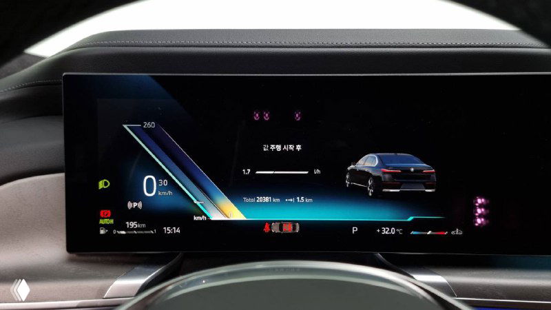 Широкий цифровой дисплей приборной панели BMW 740d показывает приборы, карту и графику автомобиля; крупный план экрана перед водителем.