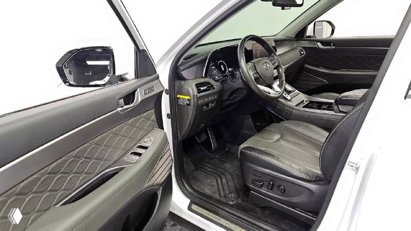 Вид открытой водительской двери и переднего кресла Hyundai Palisade; видны электрические регулировки сиденья и дверная обивка с прошивкой.