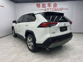 Toyota RAV4 белого цвета — вид сзади и в профиль в шоуруме: задние фонари, багажная дверь, контрастные элементы бампера и общий контур кузова.