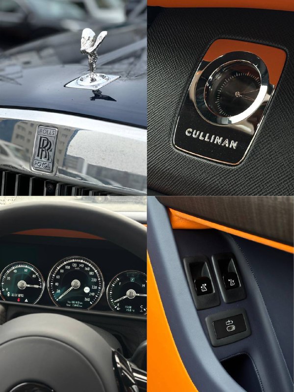 Коллаж деталей Cullinan: эмблема Spirit of Ecstasy, шильдик CULLINAN, часть приборной панели и элементы управления двери в одном кадре.