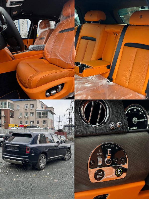 Смонтированный коллаж с общим снимком Rolls‑Royce Cullinan сзади и крупными планами приборов, вентиляционных решёток и элементов интерьера.