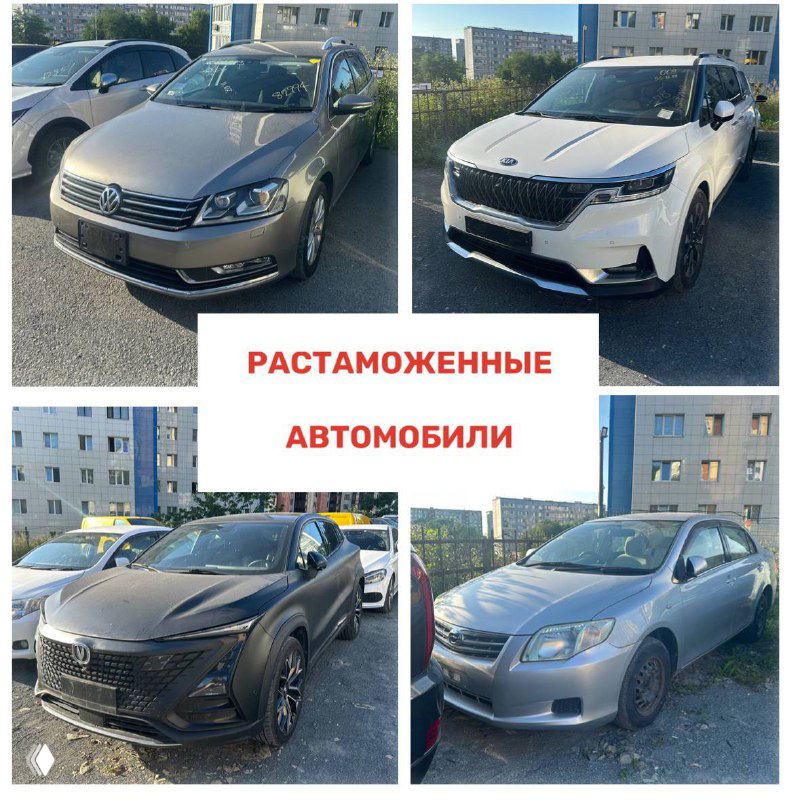 Коллаж из экономичных и среднеразмерных автомобилей с надписью «РАСТАМОЖЕННЫЕ АВТОМОБИЛИ», пример доступных машин после оформления.