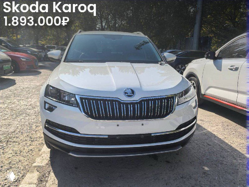Skoda Karoq белого цвета на открытой стоянке, вид спереди, указаны опции (подогрев, электропривод) и цена 1.893.000₽.