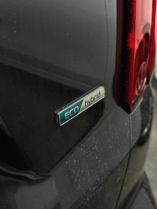 Эмблема ECO hybrid на задней части KIA Sorento — зелёная маркировка гибридной версии на чёрном кузове, вид сзади.