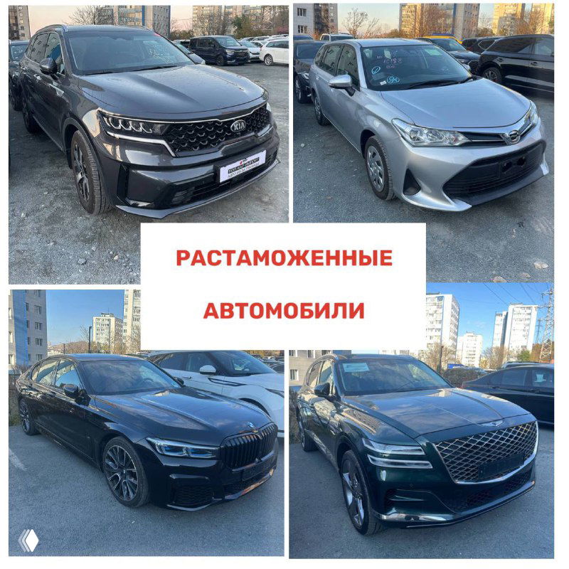 Коллаж чёрных и белых автомобилей разных марок, снятых на открытой стоянке после растаможки.