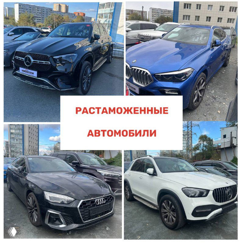 Фотографии растаможенных автомобилей с разных ракурсов: седаны и кроссоверы, видны фирменные решётки радиаторов.