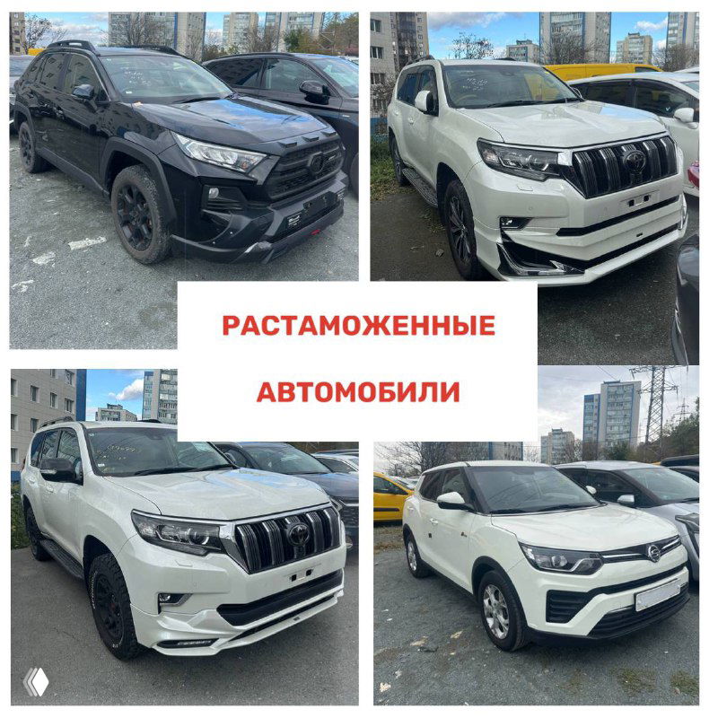 Коллаж из четырёх снимков белых и тёмных кроссоверов и внедорожников с табличками дилерского парковочного места.