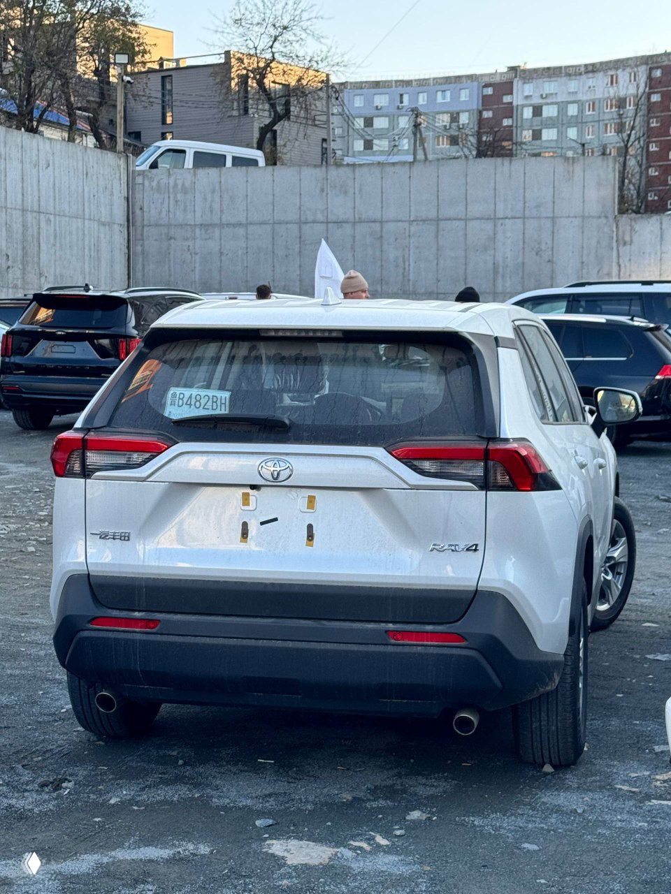 Вид сзади белого Toyota RAV4 на городской парковке, пустая номерная панель, заметна форма задних фар и багажной двери, уличная среда.
