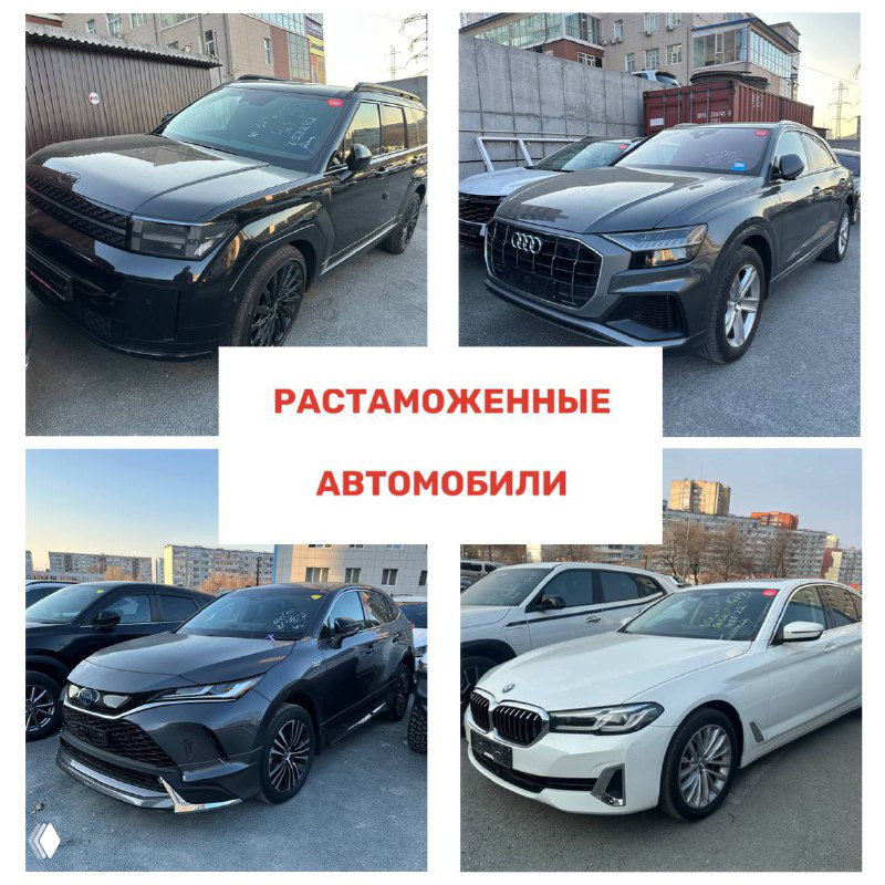 Коллаж с автомобилями разных классов: седаны и кроссоверы, на парковке у складских и жилых зданий; подпись о растаможенных автомобилях посередине.