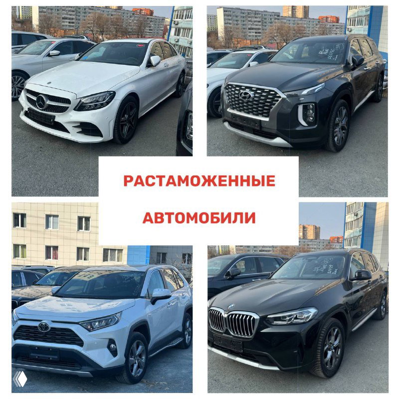Коллаж из нескольких фото растаможенных машин, видны Mercedes, BMW и другие марки, автомобильные номера замазаны; фотоотчёт компании TOPCARIMPORT.