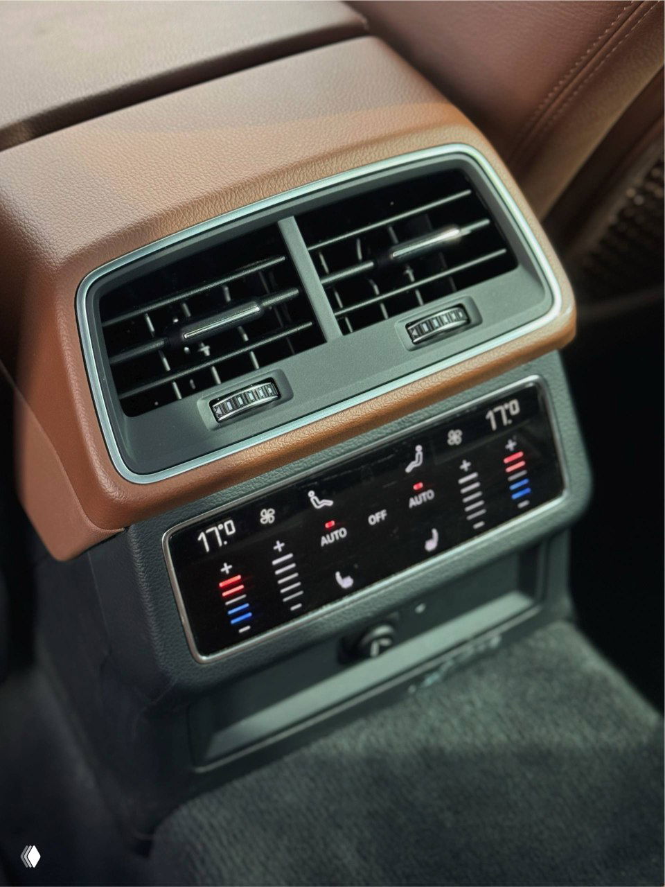 Панель заднего климат-контроля в Audi A6, цифровые индикаторы температуры и органы управления для задних пассажиров.