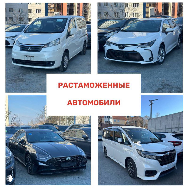 Коллаж фотографий растаможенных машин: седаны и минивэны припаркованы у склада, видны городские многоэтажки и зимняя обстановка на асфальте.