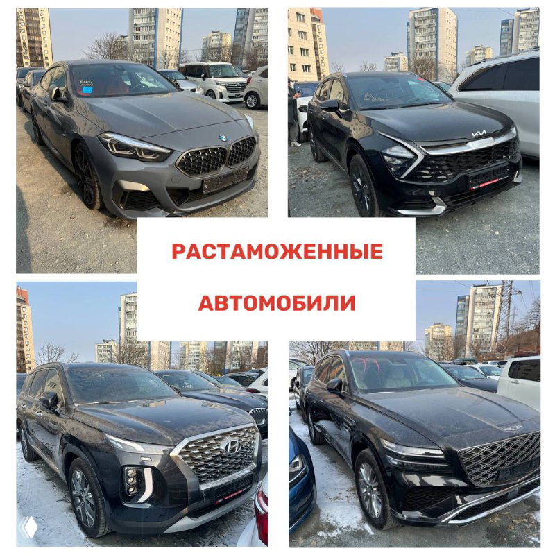 Фотографии растаможенных автомобилей на стоянке: внедорожники и хэтчбеки в разных ракурсах, на асфальте виден снег и следы от шин.