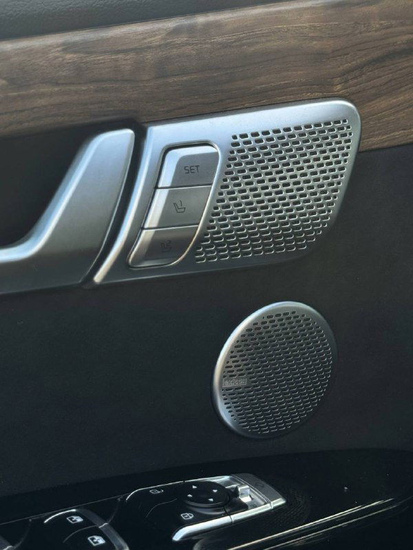 Дверная панель с декоративной вставкой и акустической решёткой динамика в KIA Mohave; вид на ручку и отделку двери.