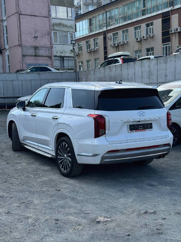 Задний ракурс белого Hyundai Palisade на парковке, видна форма фонарей, багажник, хромированная накладка и общий городской фон на фото.
