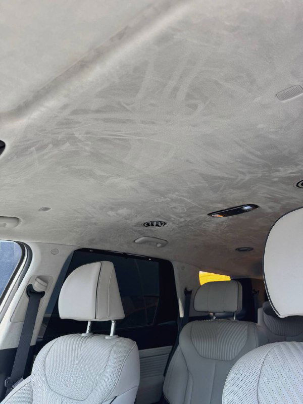 Потолочная обшивка салона Hyundai Palisade с плафонами освещения и аккуратной отделкой, общий вид верхней части интерьера со светлой тканью.