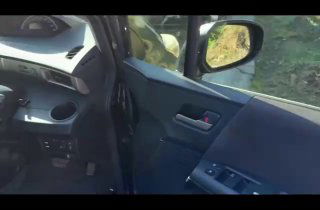 Кадр видео: открытая передняя дверь Honda Freed 2012, панель двери, зеркало и элементы управления — обзор состояния дверной обивки и органов управления.