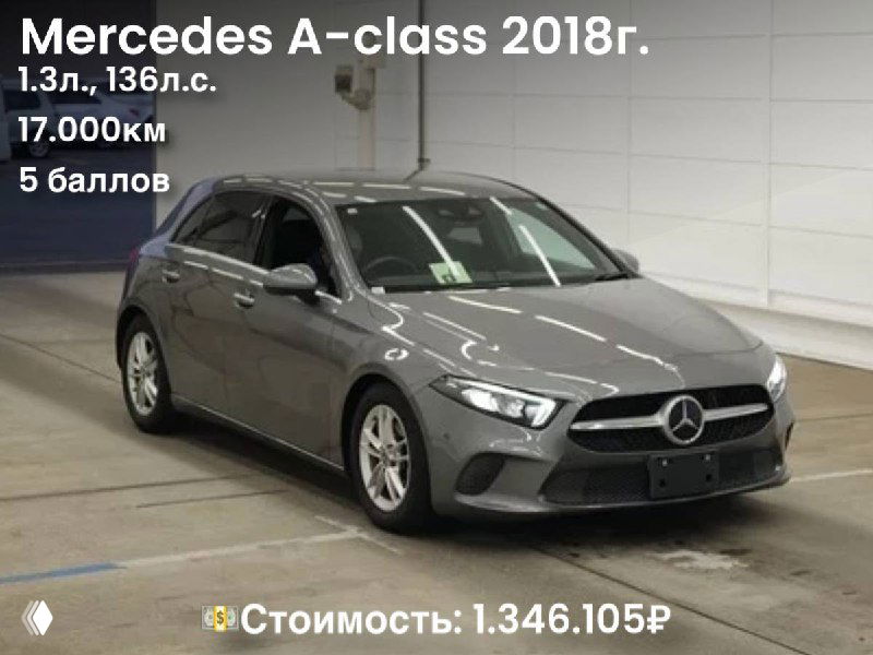 Фото Mercedes A-class 2018 в боксе: серый кузов, вид сбоку, указаны пробег 17 000 км и цена 1.346.105₽, карточка объявления в тексте.