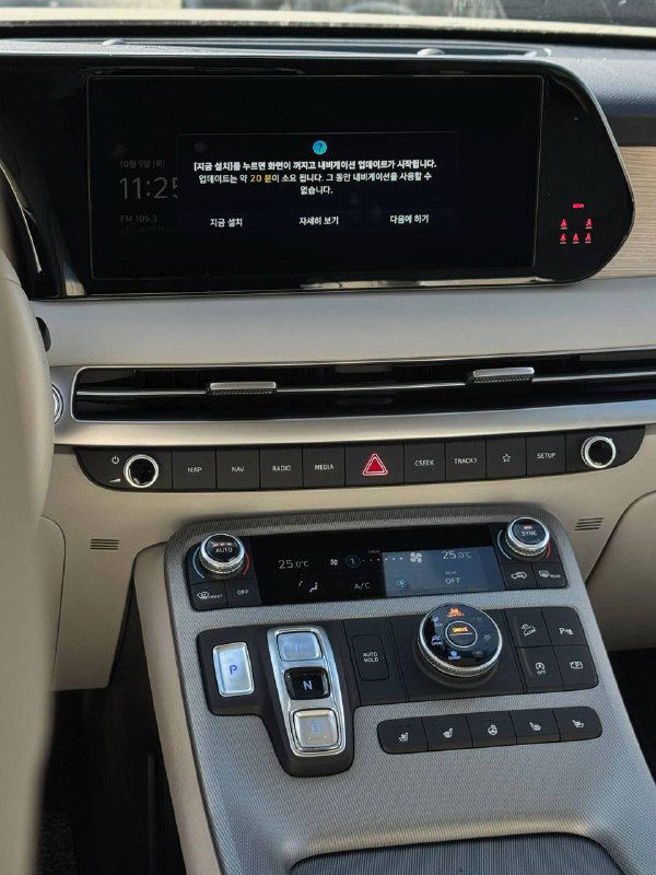 Центральная консоль и мультимедийный экран Hyundai Palisade, показан панельный дисплей и органы управления климатом и трансмиссией.