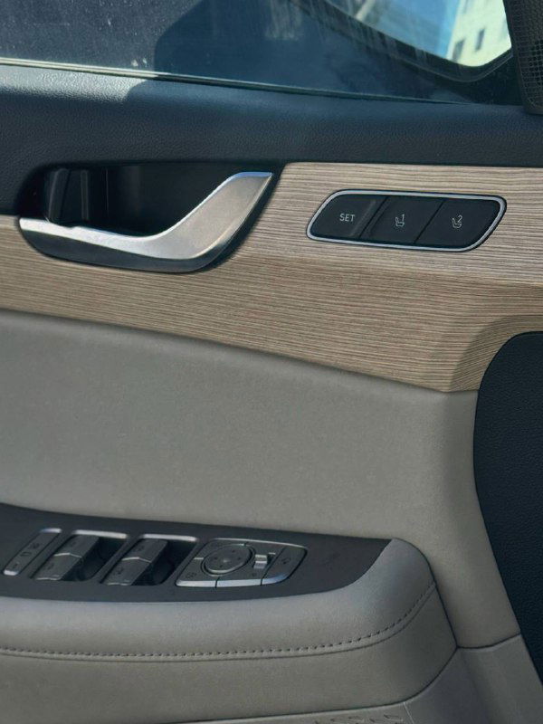 Детальный снимок дверной панели Hyundai Palisade с декоративной вставкой под дерево, кнопками регулировки сидений и управлением стеклоподъёмниками.