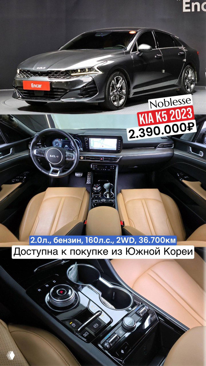Коллаж: тёмно-серая KIA K5 2023 — снимки внешнего вида и салона: передняя часть, панель приборов, мультимедиа и бежевые сиденья с центральной консолью.