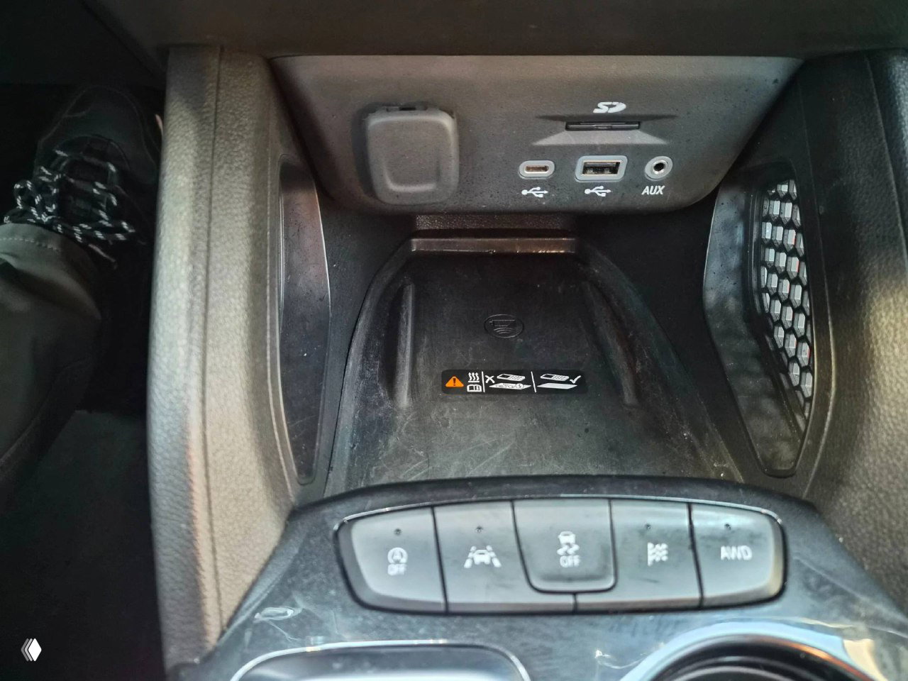 Отсек передней консоли с USB, AUX и слотом SD, беспроводной подставкой и органайзером, видна поверхность для хранения мелочей и порты подключения.