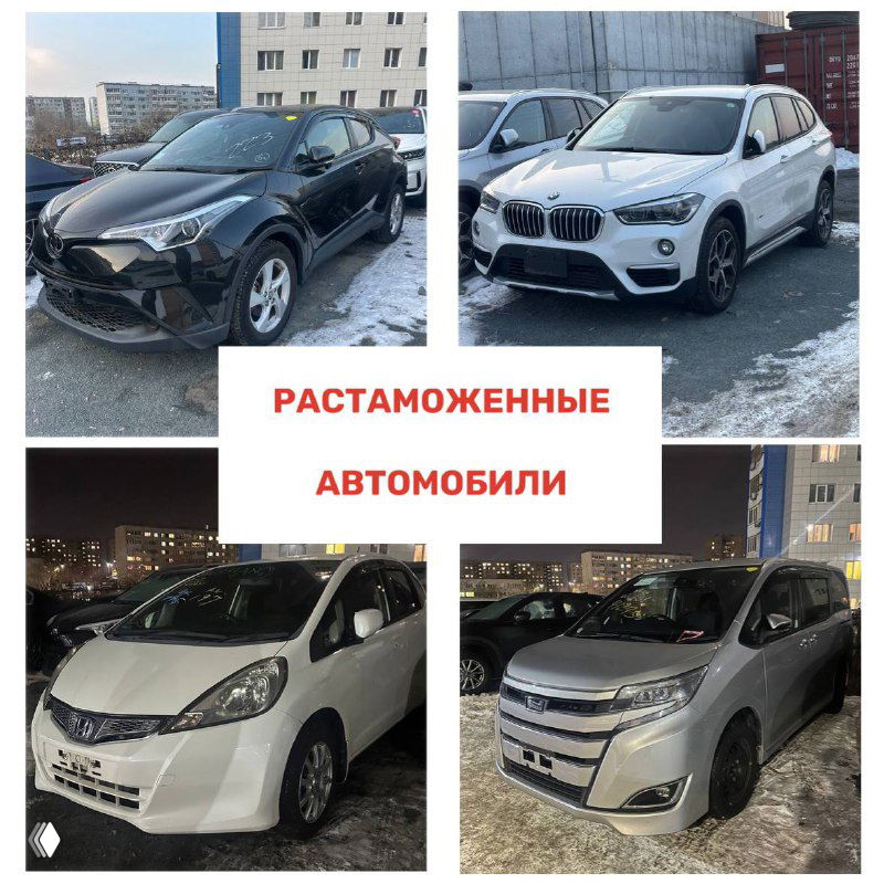 Чёрно-белый и серебристый хетчбеки и минивэны на стоянке зимой — ряд машин с видимыми кузовами и налепленным снегом.