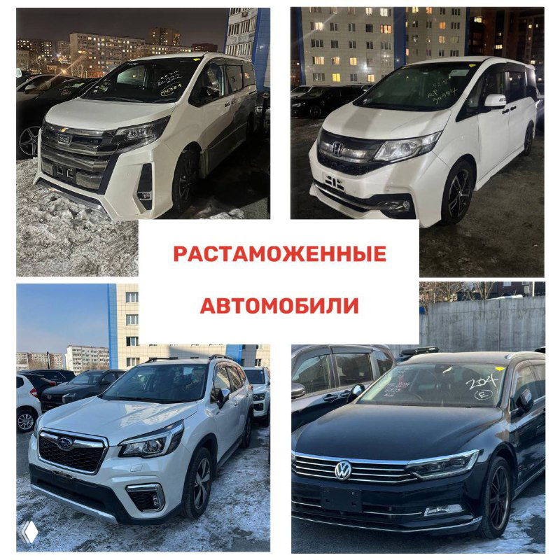 Дневные снимки белых и тёмных внедорожников и универсалов с надписью «Растаможенные автомобили» в центре коллажа, парковка и фон зданий.