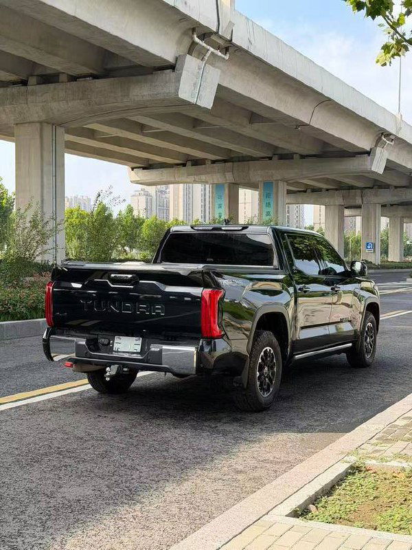 Задняя часть чёрного Toyota Tundra на дороге под путепроводом, вид на багажник и задние фонари пикапа с европейской регистрацией.